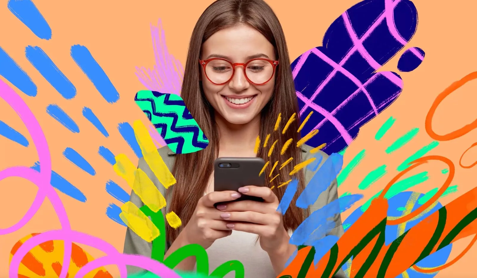 Monyo creator using a phone in a colorful painted collage